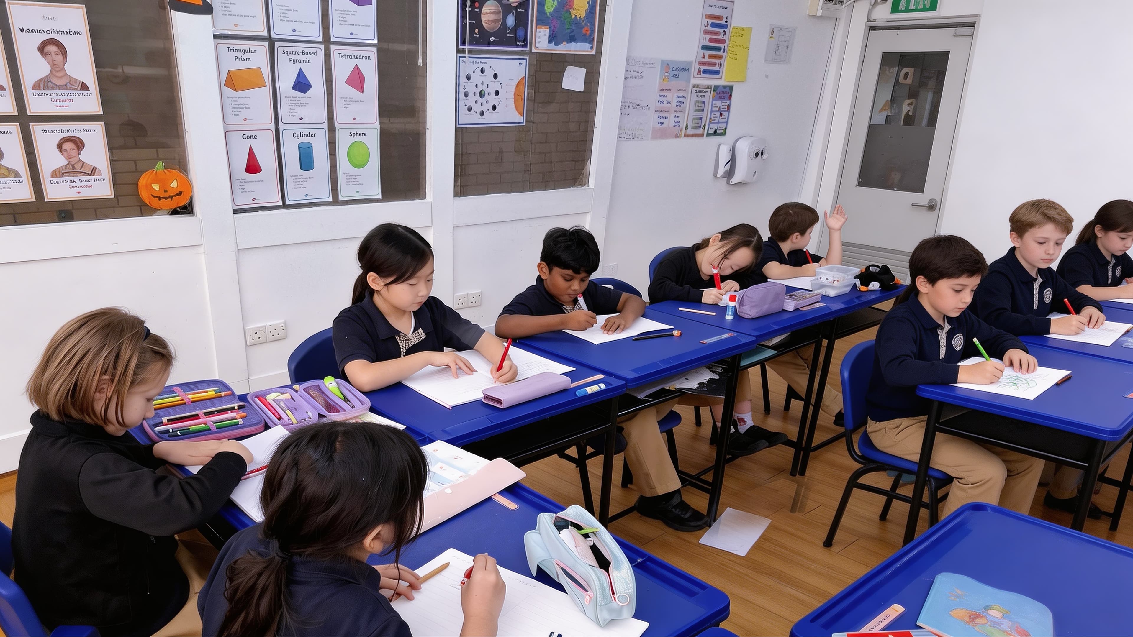 A teacher guiding two students through a hands-on learning activity in class.